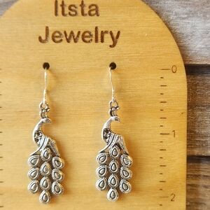 Peacock Charm Drop Earrings Sterling Silver French Earwires Peahen